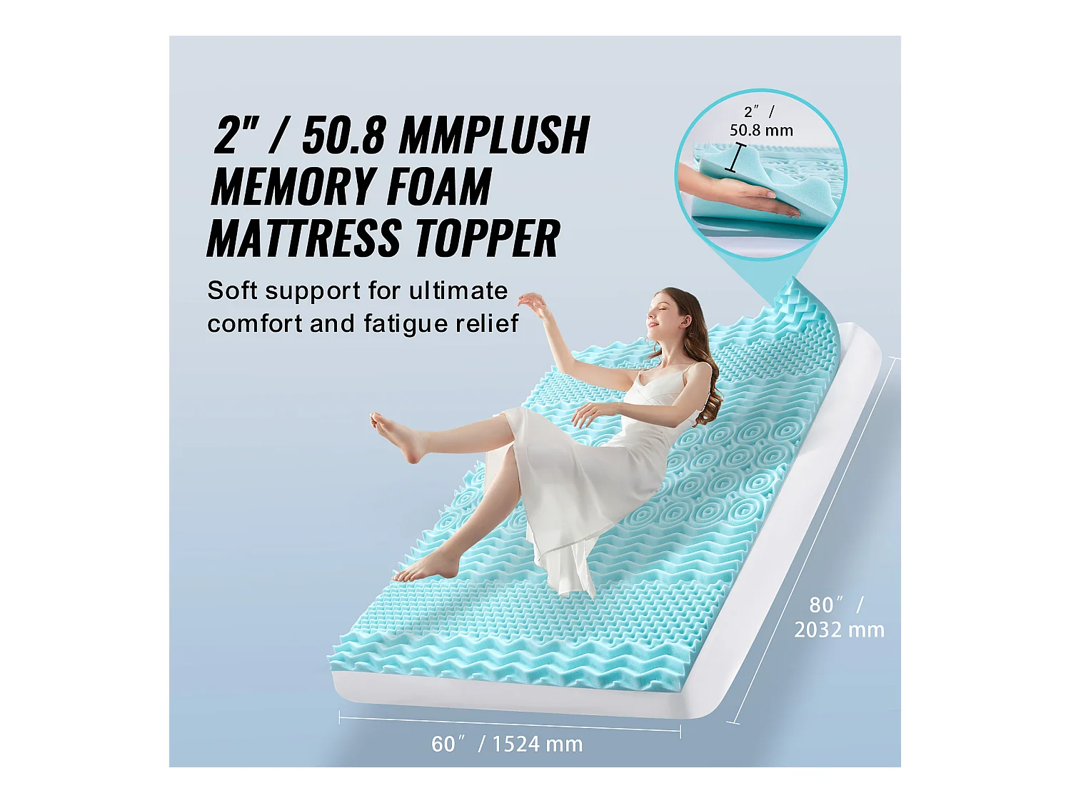 Manta SucceBuy de Espuma Memória, Tamanho Queen, Espessura 5,1 cm, Gel Refrigerante Suave