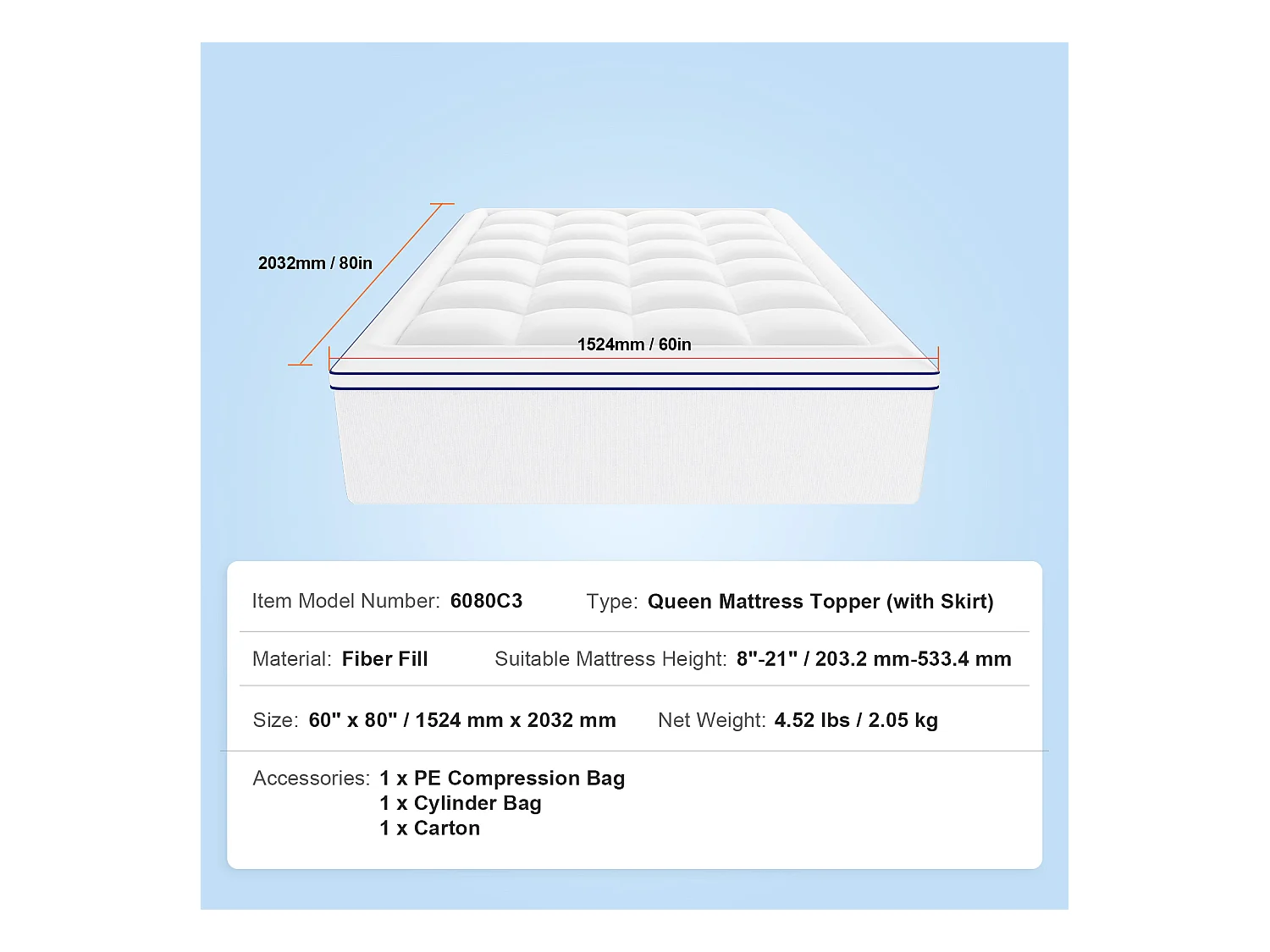 Surmatelas SucceBuy en Fibre de Verre, Queen, Épaisseur 2,5 cm, Amovible et lavable