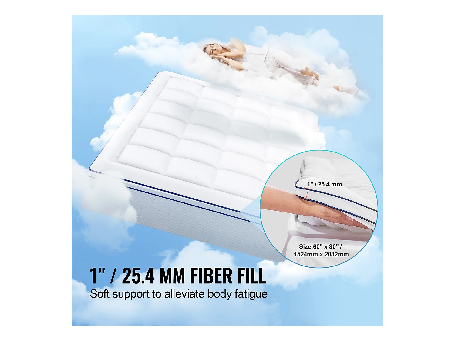 Surmatelas SucceBuy en Fibre de Verre, Queen, Épaisseur 2,5 cm, Amovible et lavable