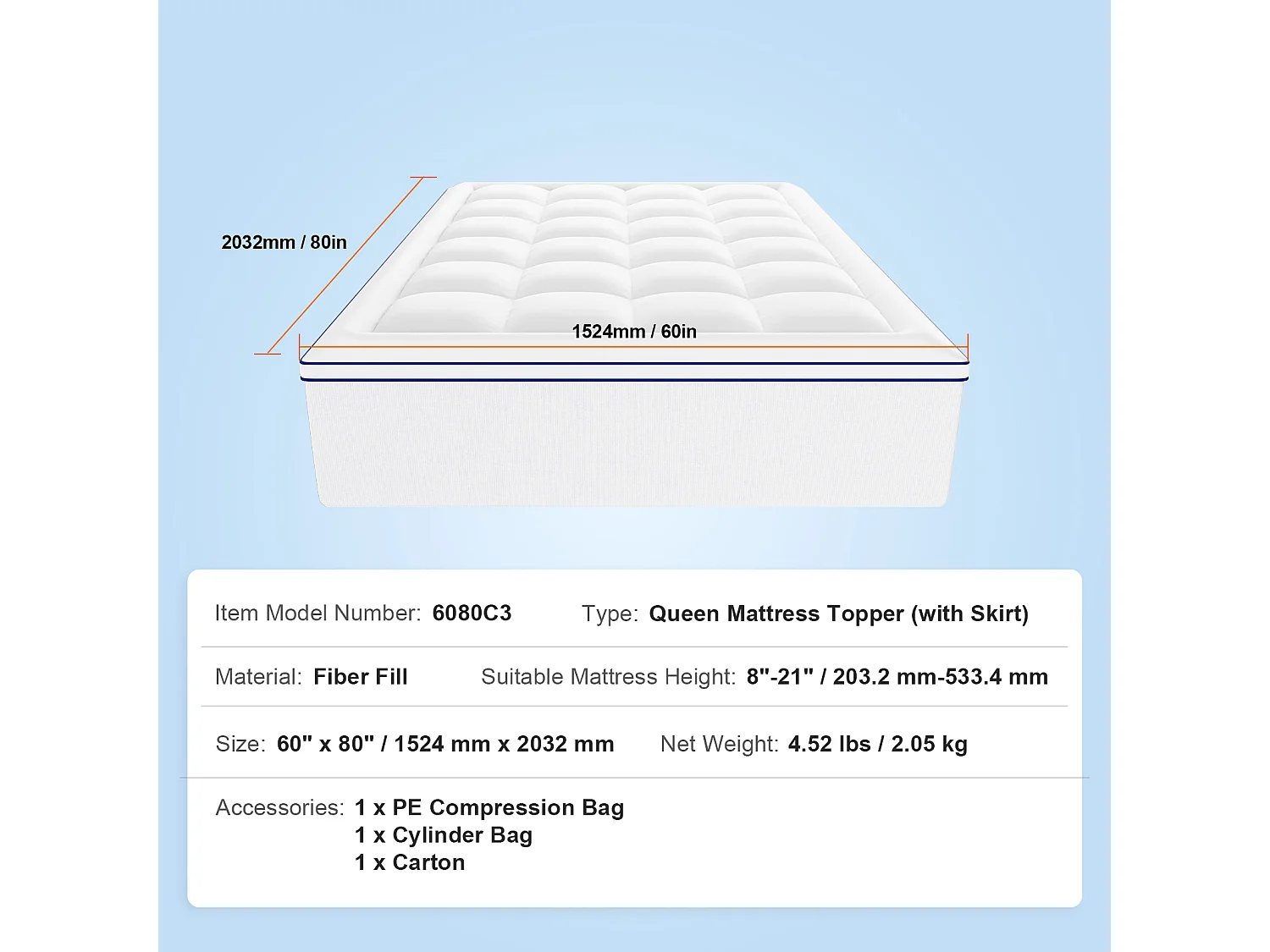 Surmatelas SucceBuy en Fibre de Verre, Queen, Épaisseur 2,5 cm, Amovible et lavable