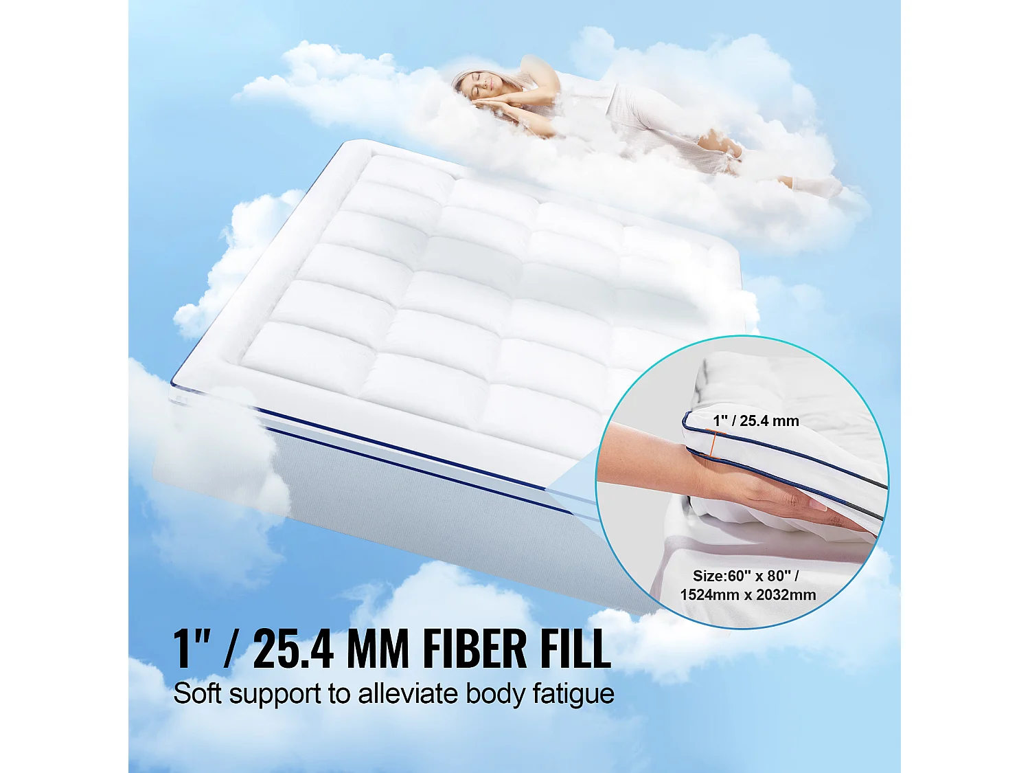 Surmatelas SucceBuy en Fibre de Verre, Queen, Épaisseur 2,5 cm, Amovible et lavable