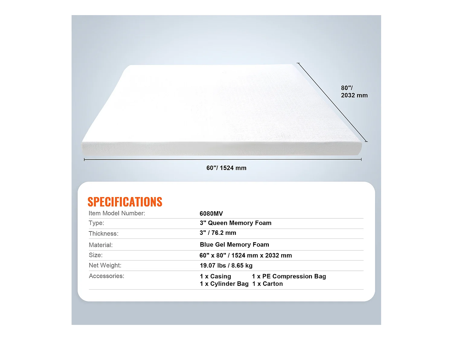 Surmatelas SucceBuy en Mousse à Mémoire de Forme, Queen, Épaisseur7,6 cm, Amovible et Lavable