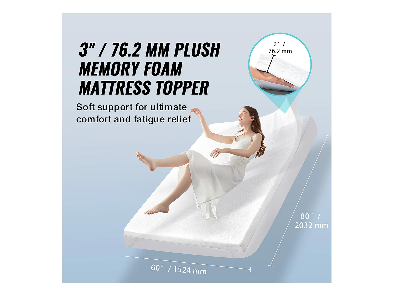 Surmatelas SucceBuy en Mousse à Mémoire de Forme, Queen, Épaisseur7,6 cm, Amovible et Lavable