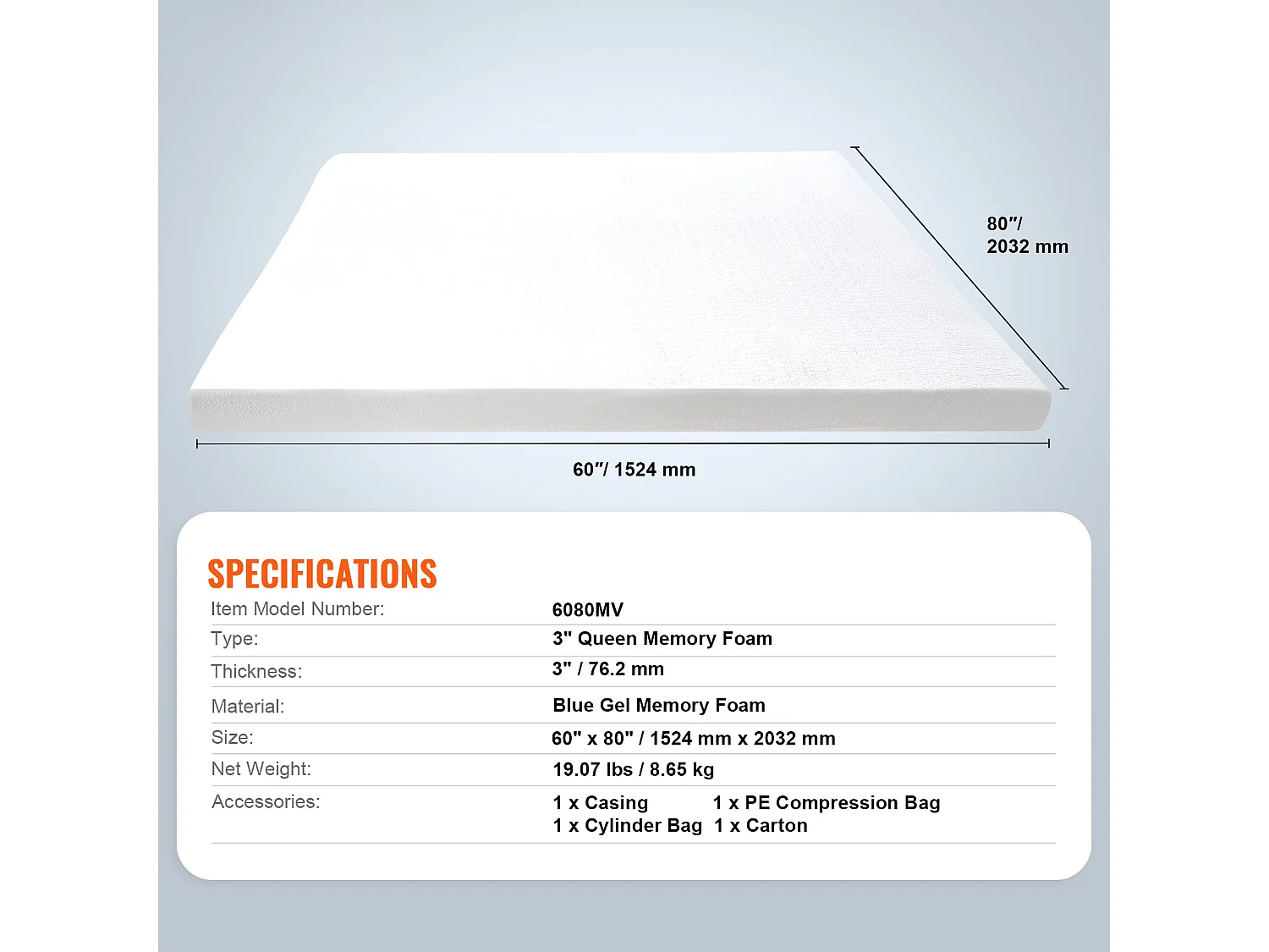 Surmatelas SucceBuy en Mousse à Mémoire de Forme, Queen, Épaisseur7,6 cm, Amovible et Lavable