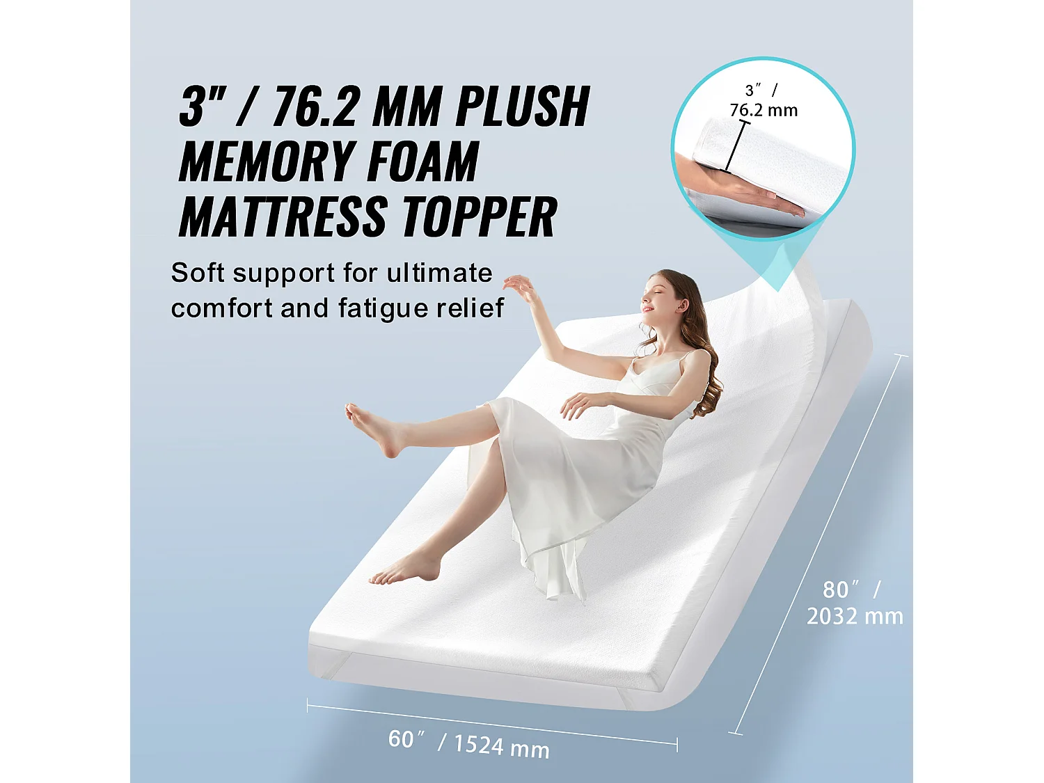 Surmatelas SucceBuy en Mousse à Mémoire de Forme, Queen, Épaisseur7,6 cm, Amovible et Lavable