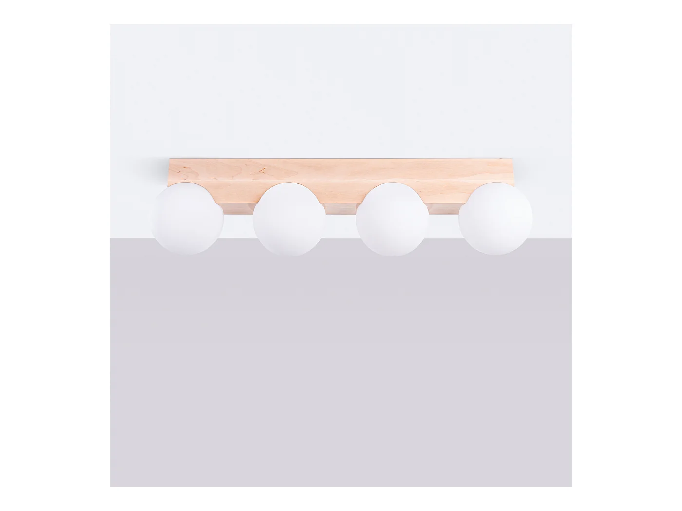 Plafonnier Bulbo Moderne En Bois/Verre - 4 Sources Lumineuses - L.63 X H.16 Cm - Bois Naturel/Blanc
