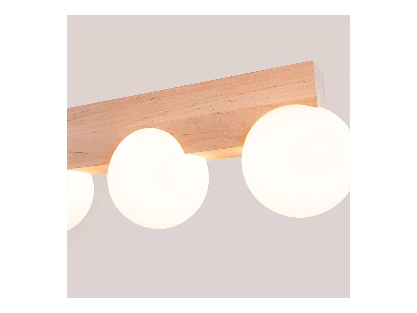 Plafonnier Bulbo Moderne En Bois/Verre - 4 Sources Lumineuses - L.63 X H.16 Cm - Bois Naturel/Blanc