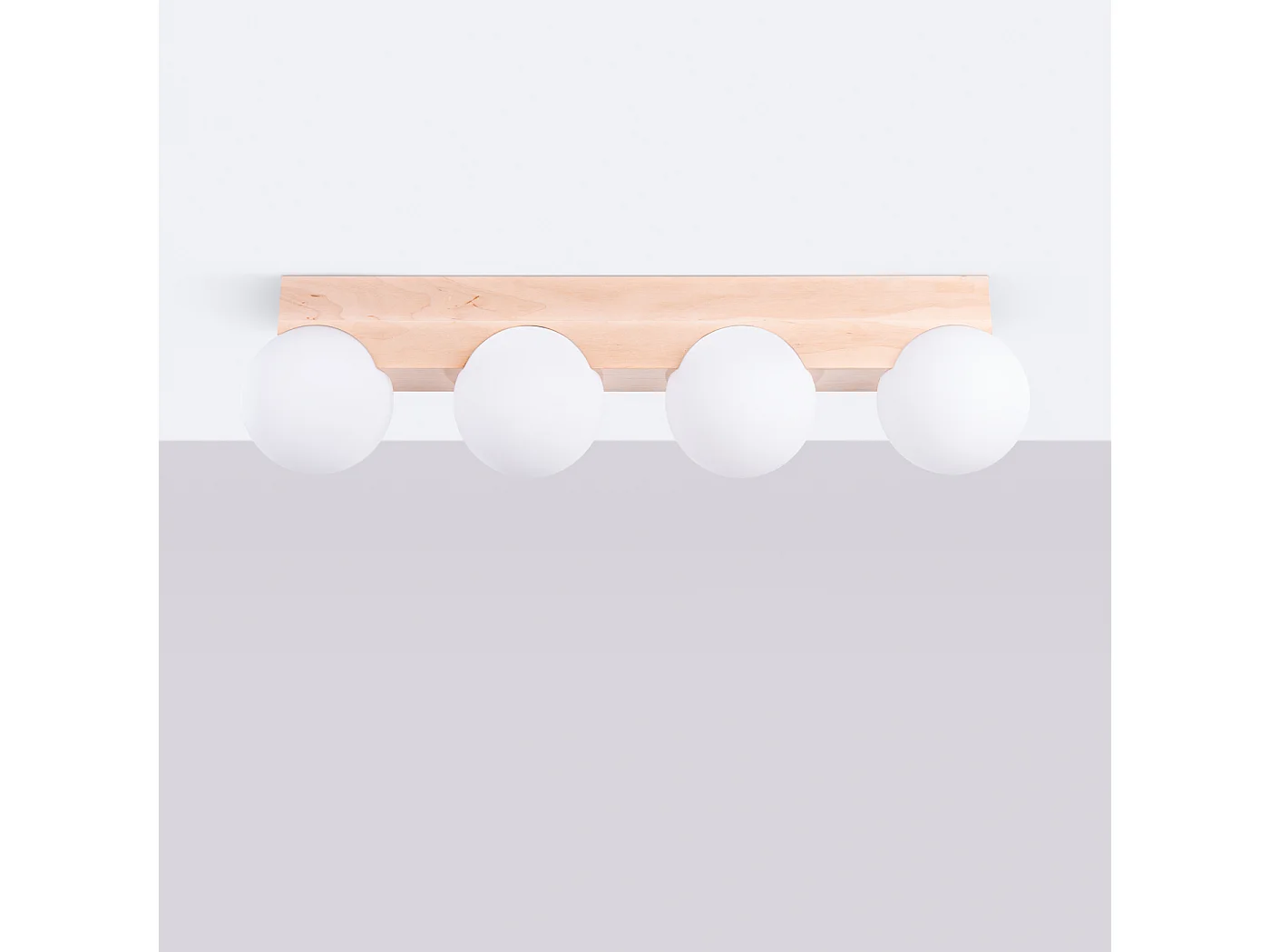 Plafonnier Bulbo Moderne En Bois/Verre - 4 Sources Lumineuses - L.63 X H.16 Cm - Bois Naturel/Blanc