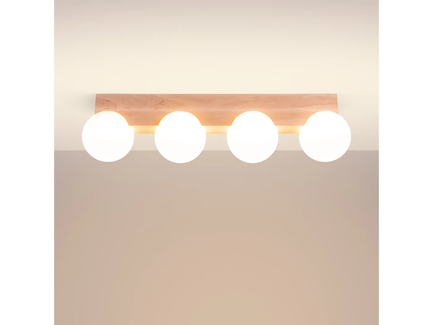 Plafonnier Bulbo Moderne En Bois/Verre - 4 Sources Lumineuses - L.63 X H.16 Cm - Bois Naturel/Blanc