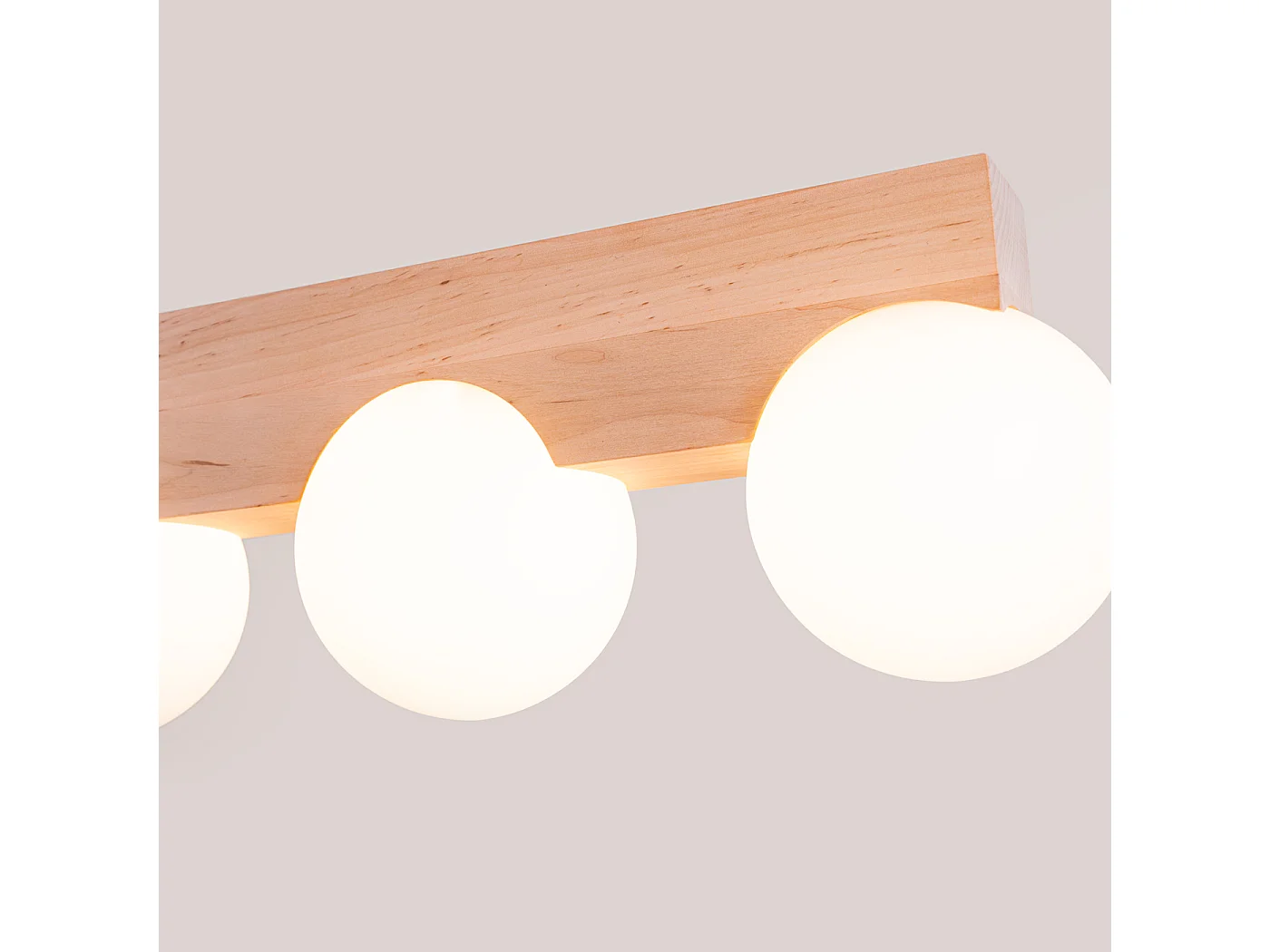 Plafonnier Bulbo Moderne En Bois/Verre - 4 Sources Lumineuses - L.63 X H.16 Cm - Bois Naturel/Blanc