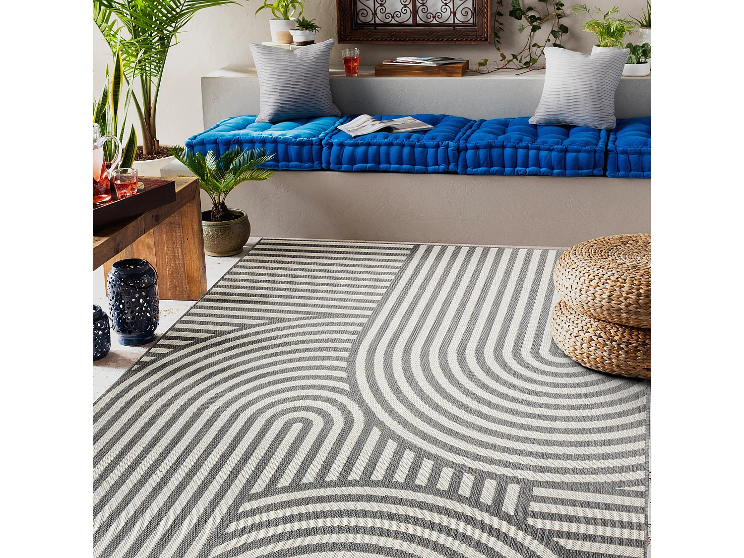 Tapis SIZAL FLAT 49376637 Rayures cercles gris/crème 80x150 cm