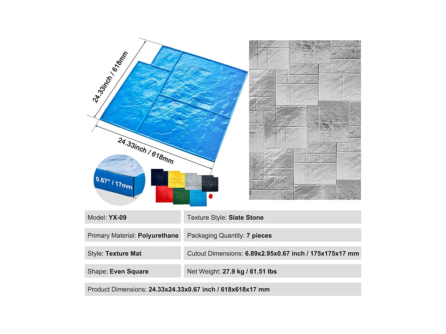 Stempelmat voor Beton SucceBuy, Gestructureerde Polyurethaanhuid voor Gieten,61 x 61 cm, 7 Stuks