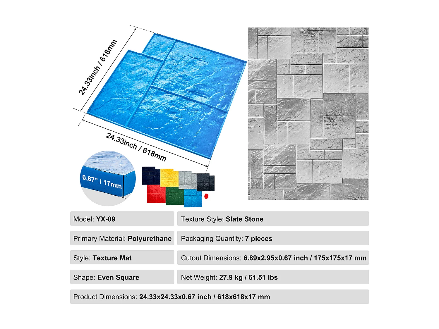 Tapis de Tampon pour Béton SucceBuy, Peau Texturée en Polyuréthane pour Moulage,61 x 61 cm, 7 PCS