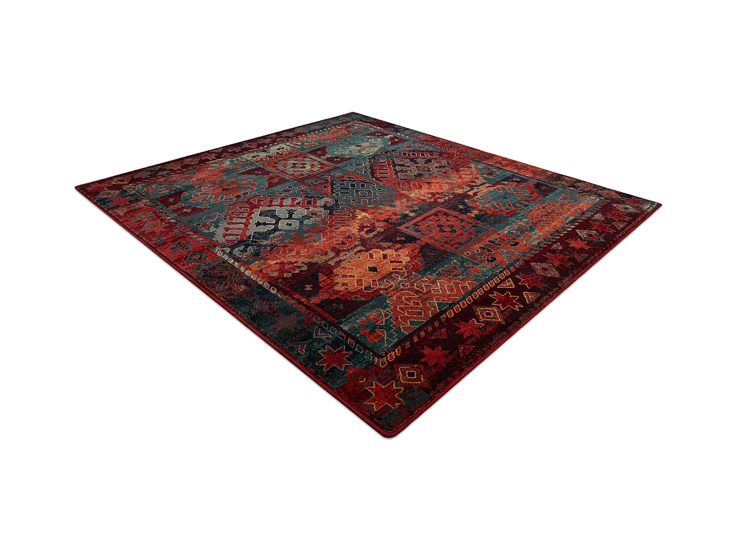 Tapis en laine OMEGA AVAR Carré Cadre, diamants, oriental - rubis 200x200 cm