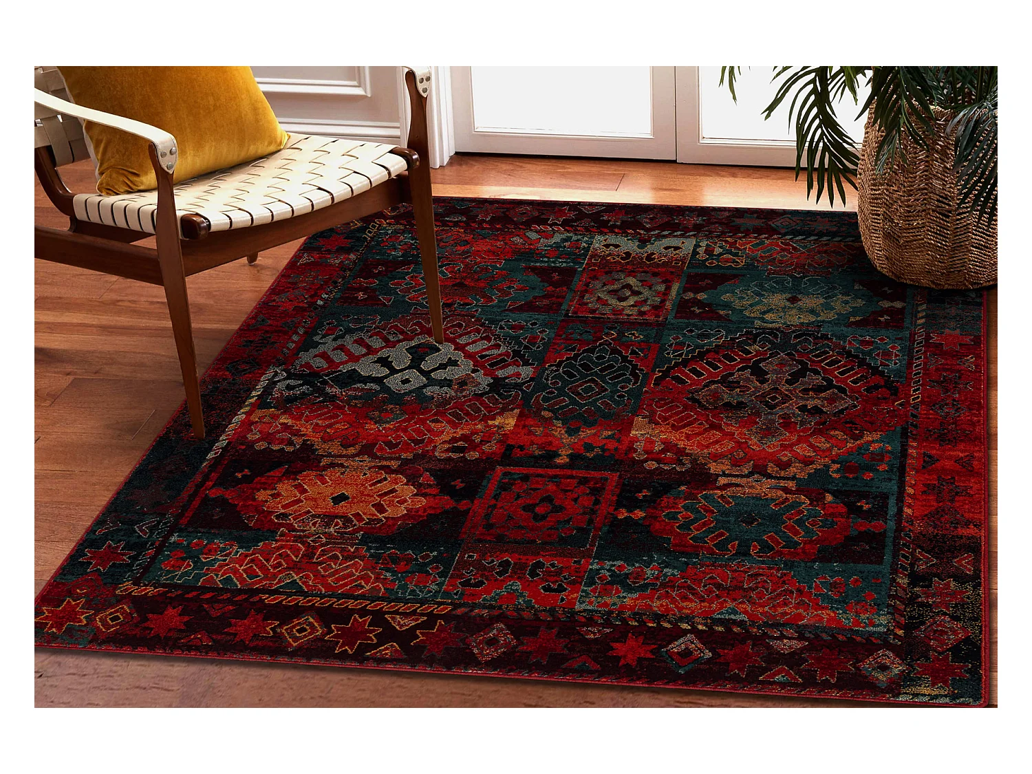 Tapis en laine OMEGA AVAR Carré Cadre, diamants, oriental - rubis 200x200 cm