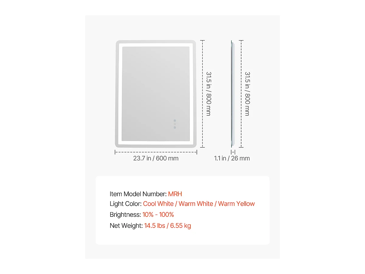 Miroir Mural SucceBuy, 60 x 80 cm, Miroir de Salle de Bain LED, Antibuée, 3 Couleurs à Intensité Variable pour une Routine de Maquillage Impeccable