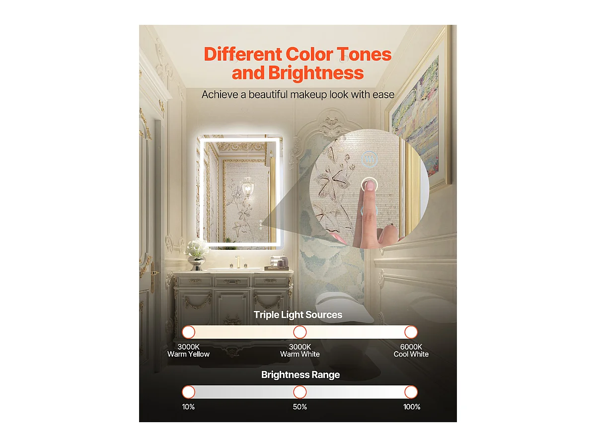 Miroir Mural SucceBuy, 60 x 80 cm, Miroir de Salle de Bain LED, Antibuée, 3 Couleurs à Intensité Variable pour une Routine de Maquillage Impeccable