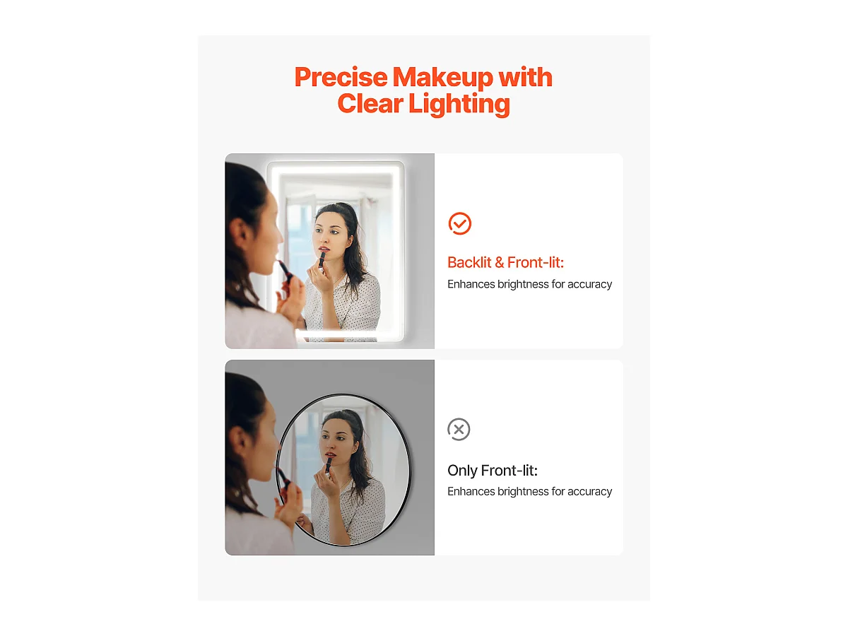 Miroir Mural SucceBuy, 60 x 80 cm, Miroir de Salle de Bain LED, Antibuée, 3 Couleurs à Intensité Variable pour une Routine de Maquillage Impeccable