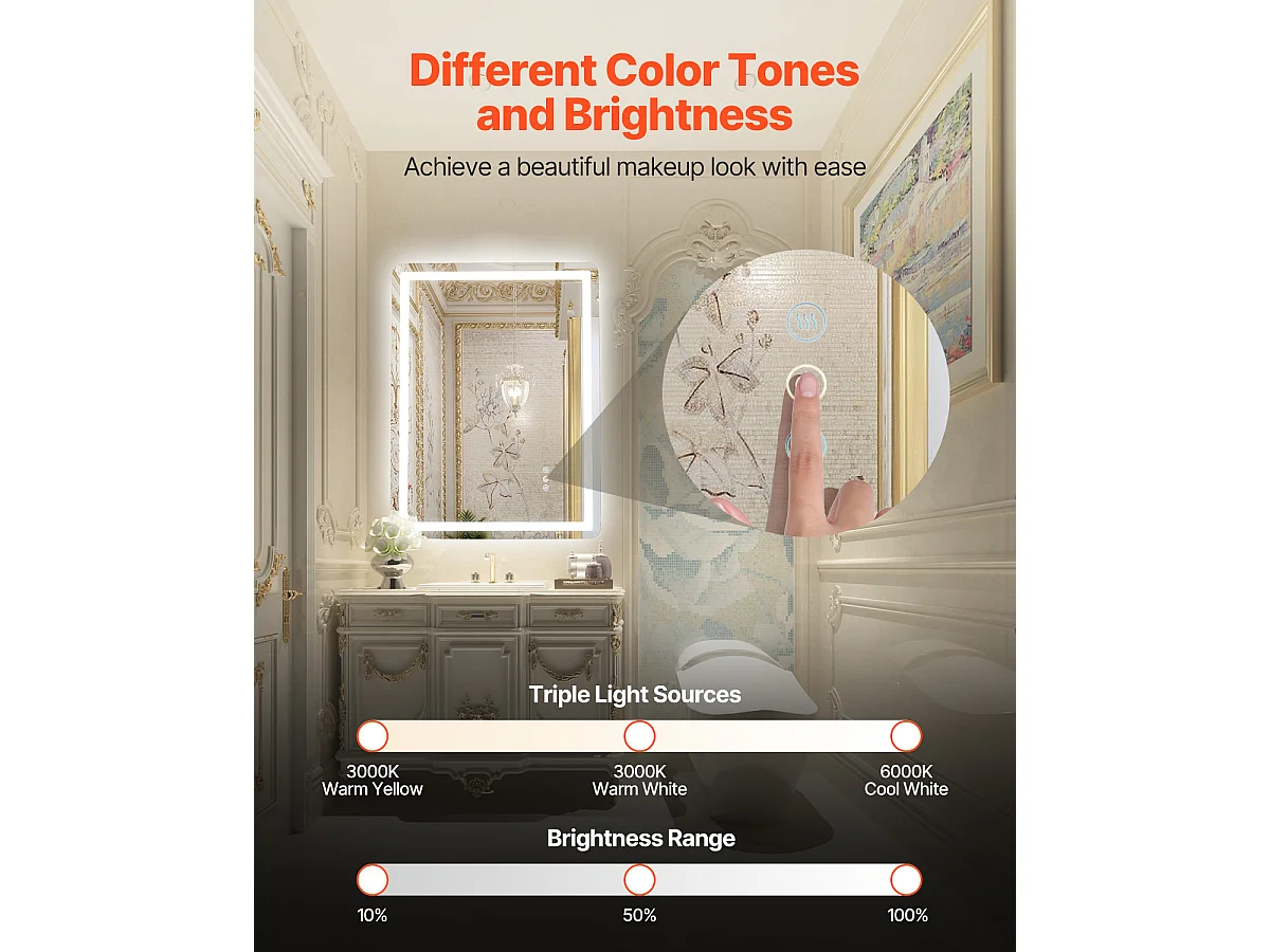 Miroir Mural SucceBuy, 60 x 80 cm, Miroir de Salle de Bain LED, Antibuée, 3 Couleurs à Intensité Variable pour une Routine de Maquillage Impeccable