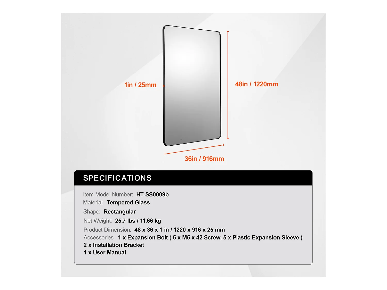 Miroir Mural SucceBuy 91,6 x 121,9 cm, Noir, Miroir avec Cadre en Alliage d'Aluminium