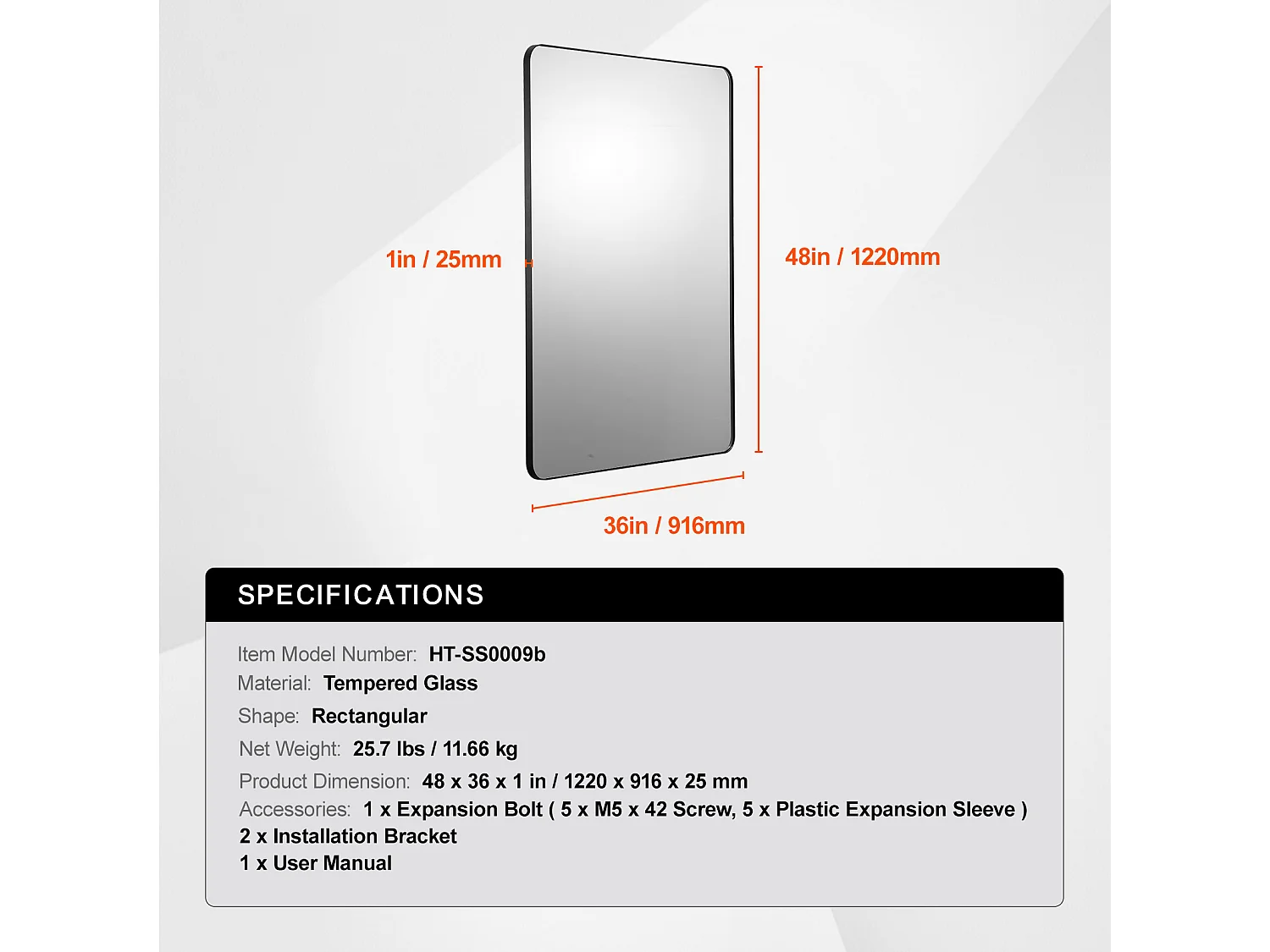 Miroir Mural SucceBuy 91,6 x 121,9 cm, Noir, Miroir avec Cadre en Alliage d'Aluminium