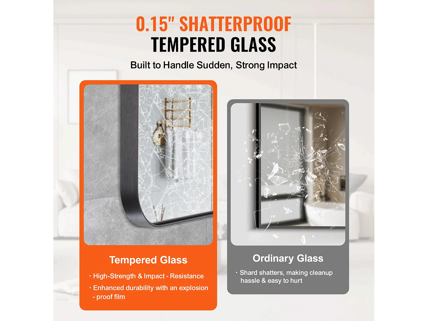 Miroir Mural SucceBuy, 71,1 x 152,4 cm, Noir, Contours en Alliage d'Aluminium, avec Support en Forme de Z pour Salle de Bain