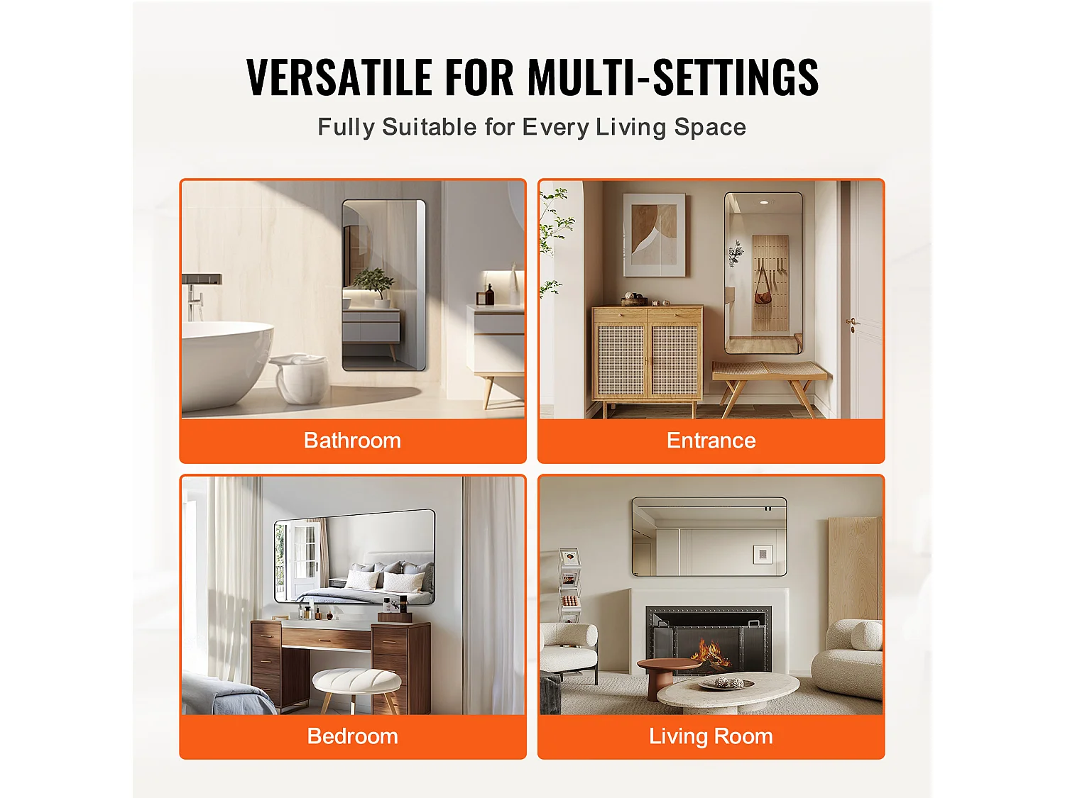 Miroir Mural SucceBuy, 71,1 x 152,4 cm, Noir, Contours en Alliage d'Aluminium, avec Support en Forme de Z pour Salle de Bain