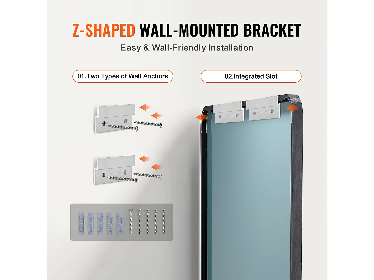 Miroir Mural SucceBuy, 71,1 x 152,4 cm, Noir, Contours en Alliage d'Aluminium, avec Support en Forme de Z pour Salle de Bain