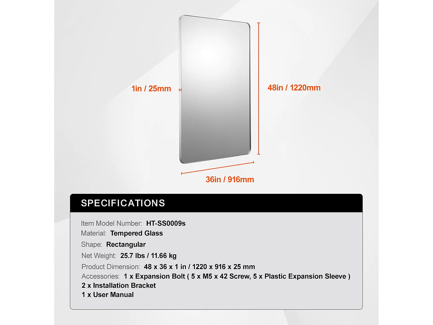 Miroir Mural SucceBuy 91,6 x 121,9 cm, Argent, Miroir Mural Carré en Alliage d'Aluminium