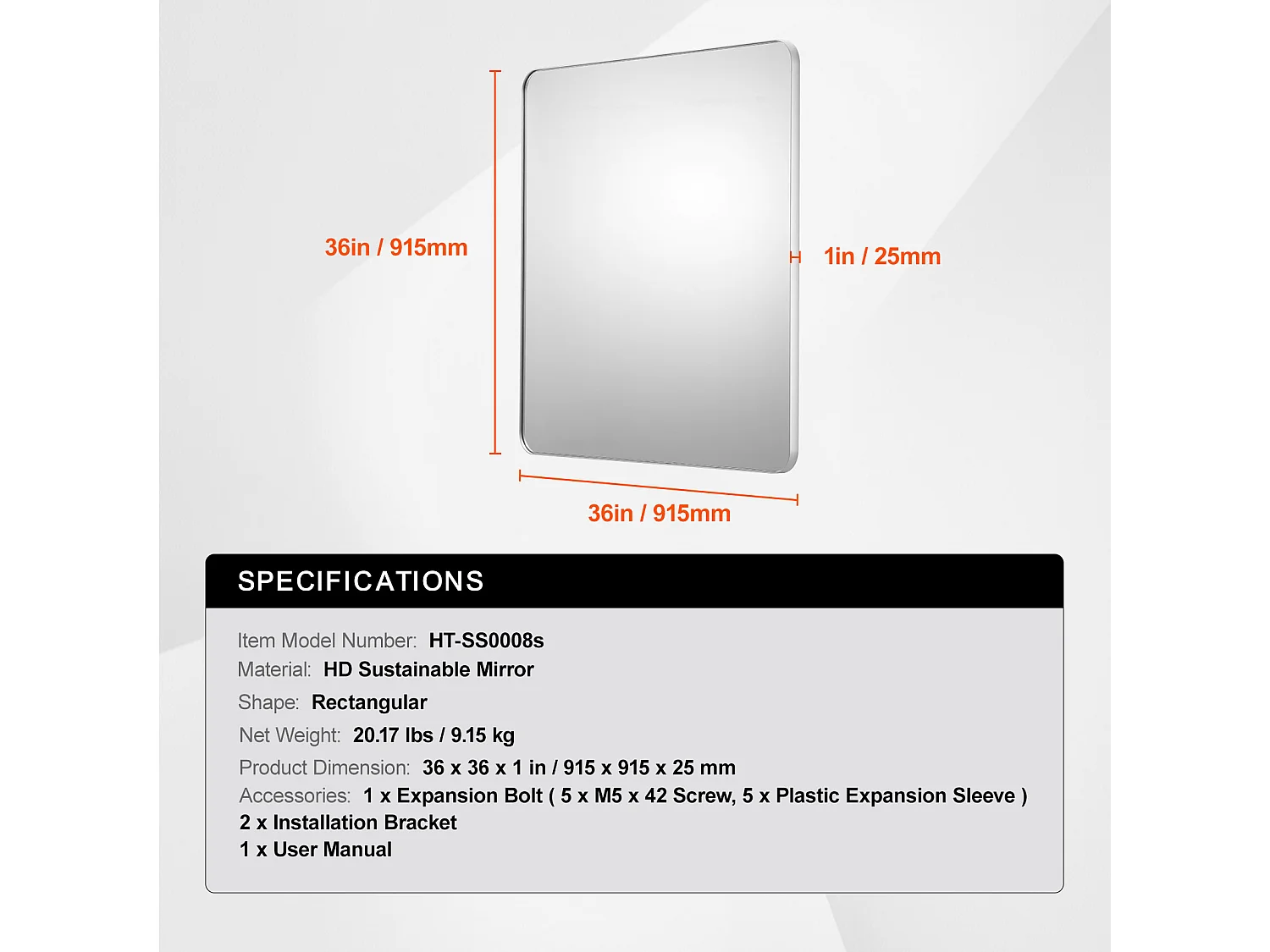 Espelho de Parede SucceBuy, 91,5 x 91,5 cm, Prata, Espelho Resistente a Riscos com Suporte em Forma de Z, com Contornos em Liga de Alumínio