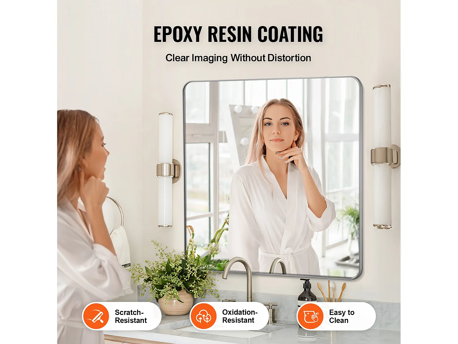 Espelho de Parede SucceBuy, 91,5 x 91,5 cm, Prata, Espelho Resistente a Riscos com Suporte em Forma de Z, com Contornos em Liga de Alumínio