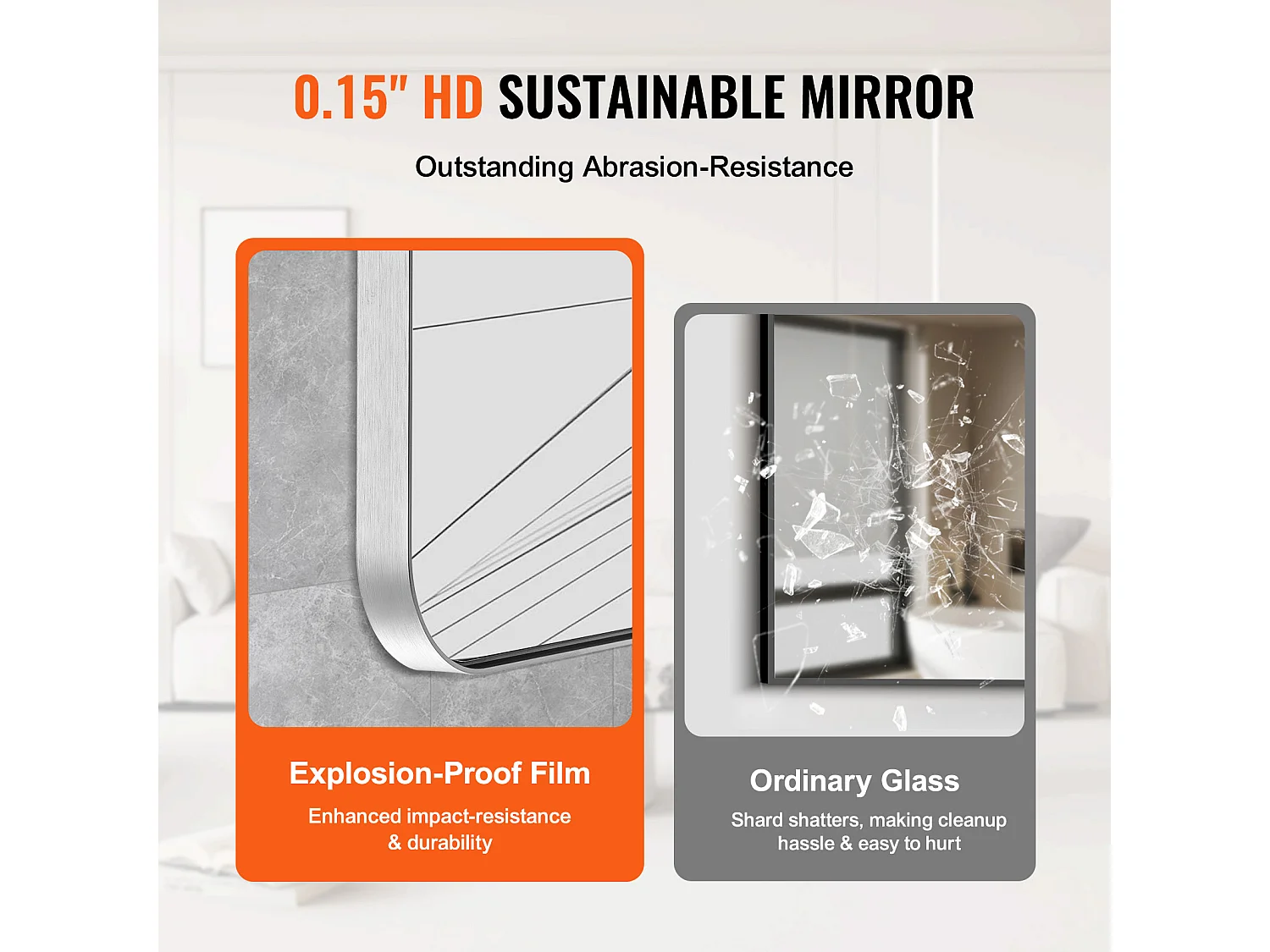 Espelho de Parede SucceBuy, 91,5 x 91,5 cm, Prata, Espelho Resistente a Riscos com Suporte em Forma de Z, com Contornos em Liga de Alumínio