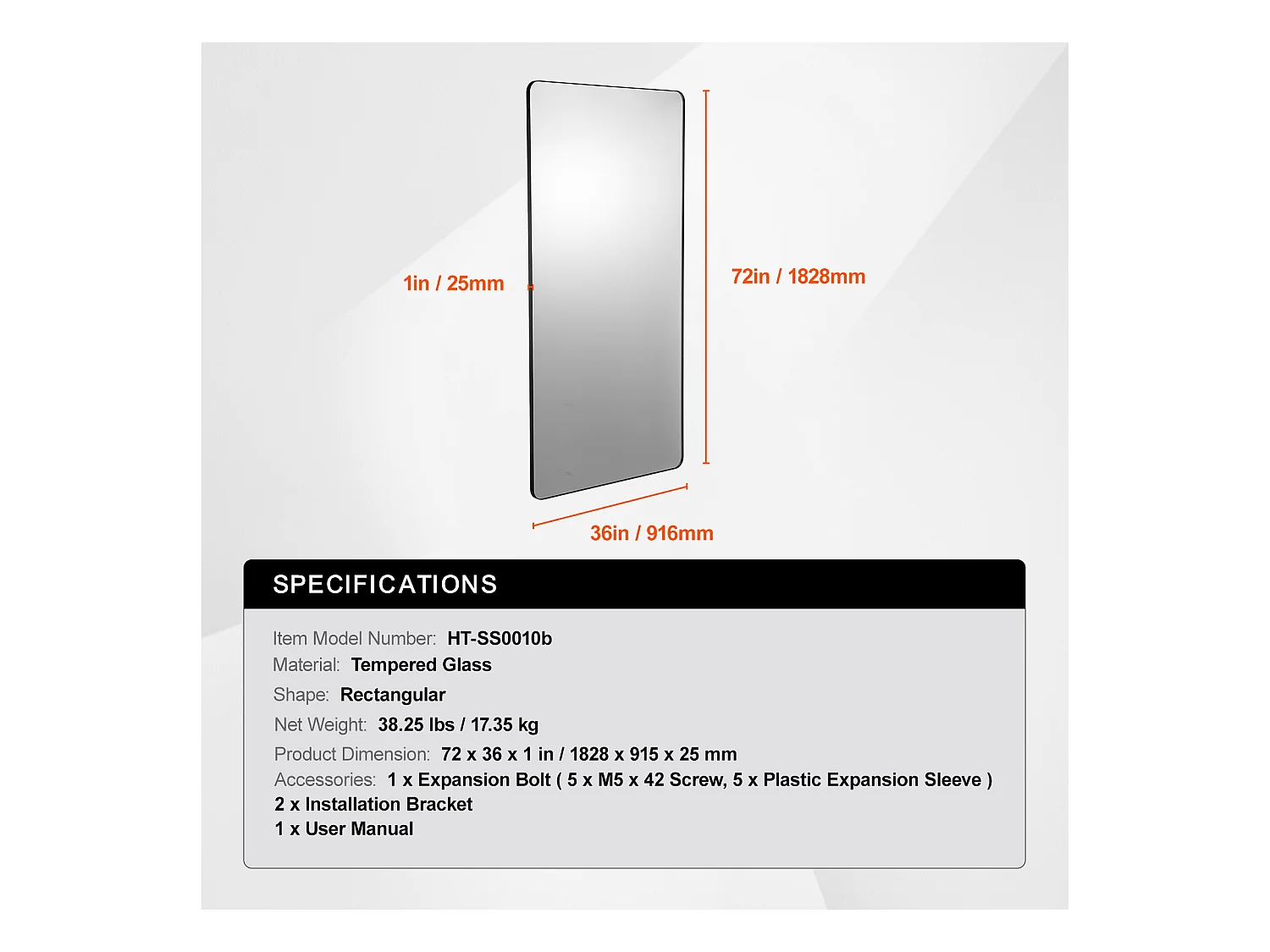 Miroir Mural SucceBuy 91,5x182,8 cm, Noir, Rectangulaire, Contours en Alliage d'Aluminium