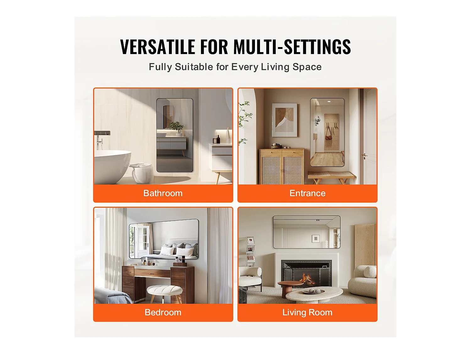 Miroir Mural SucceBuy 91,5x182,8 cm, Noir, Rectangulaire, Contours en Alliage d'Aluminium