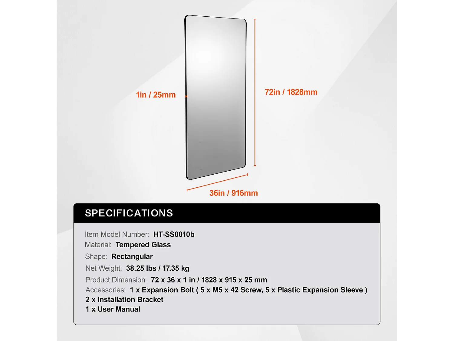 Espejo Mural SucceBuy 91,5x182,8 cm, Negro, Rectangular, Contornos en Aleación de Aluminio
