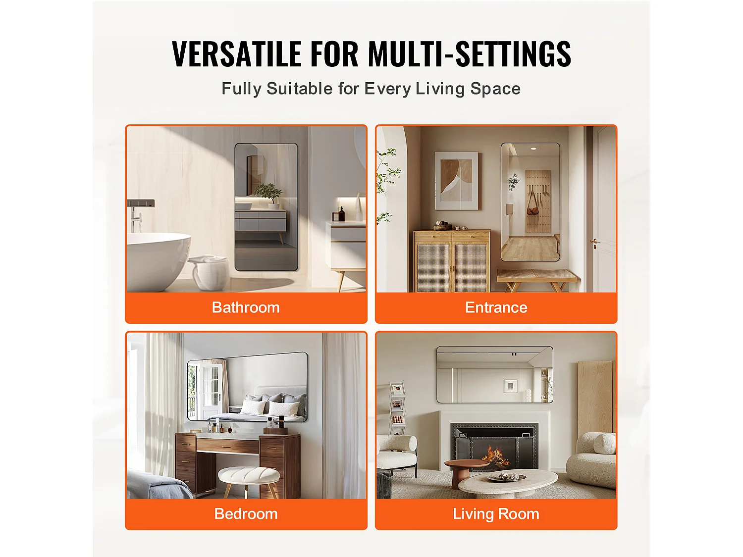 Espejo Mural SucceBuy 91,5x182,8 cm, Negro, Rectangular, Contornos en Aleación de Aluminio