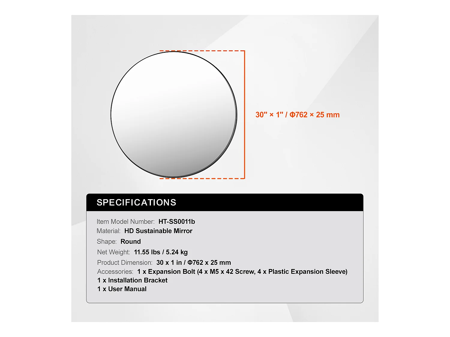 Miroir Mural SucceBuy 76,2 cm, Noir, Miroir Mural Rond avec Cadre en Alliage d'Aluminium