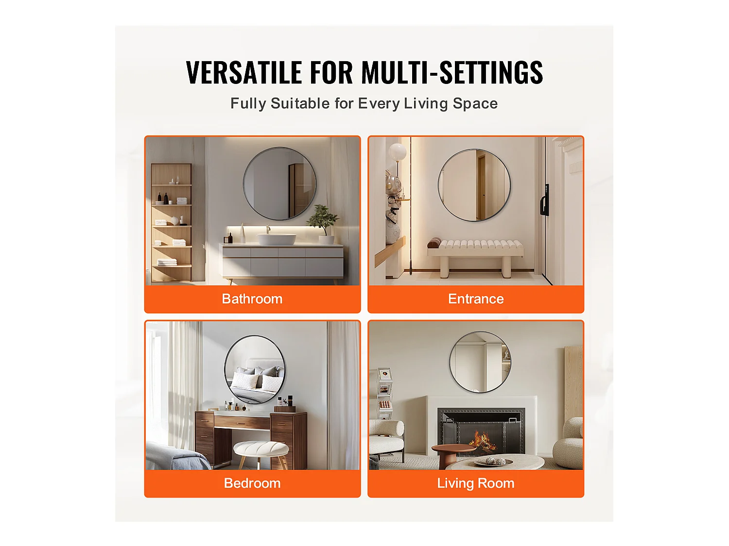 Miroir Mural SucceBuy 76,2 cm, Noir, Miroir Mural Rond avec Cadre en Alliage d'Aluminium