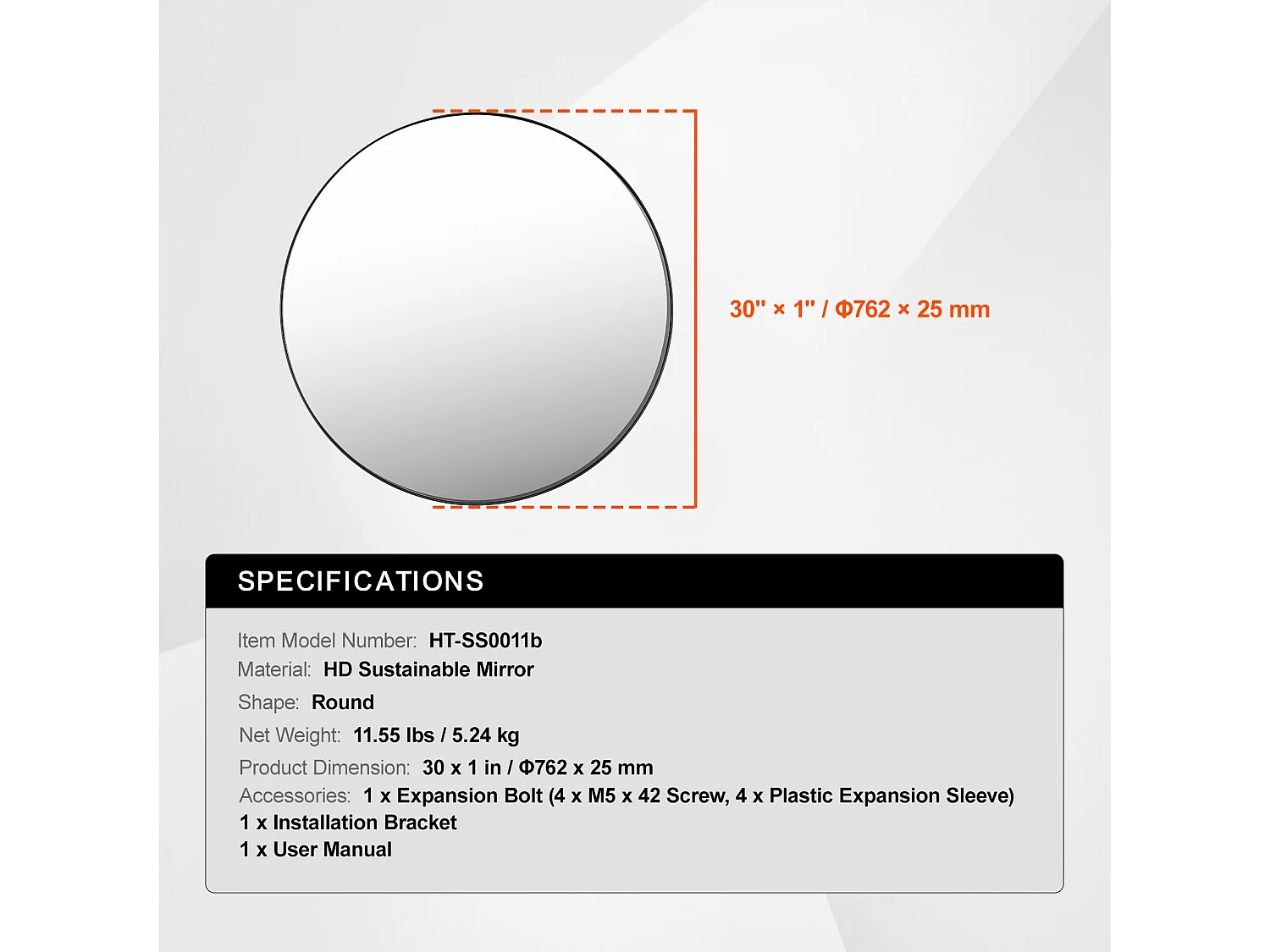 Miroir Mural SucceBuy 76,2 cm, Noir, Miroir Mural Rond avec Cadre en Alliage d'Aluminium