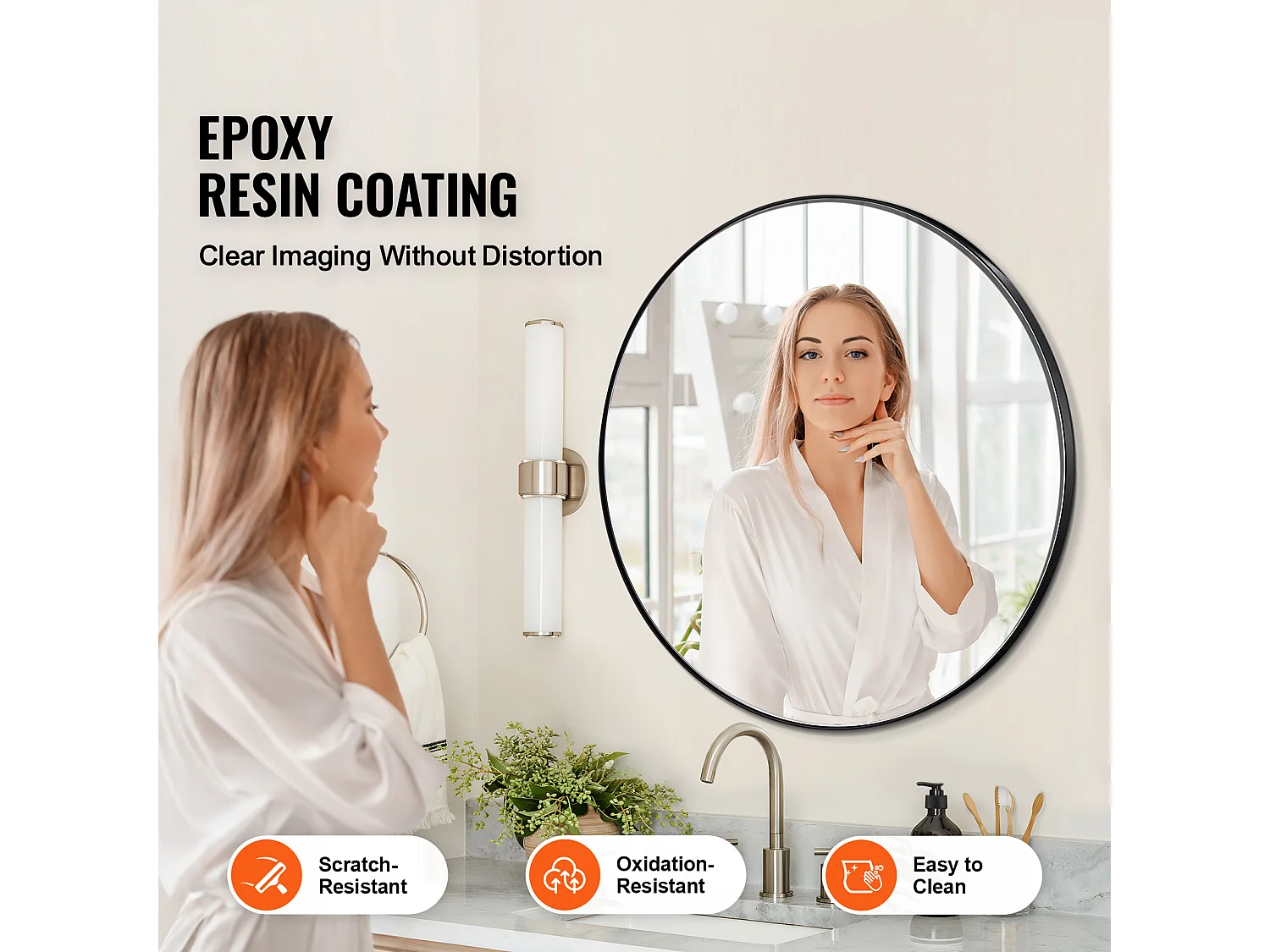 Miroir Mural SucceBuy 76,2 cm, Noir, Miroir Mural Rond avec Cadre en Alliage d'Aluminium