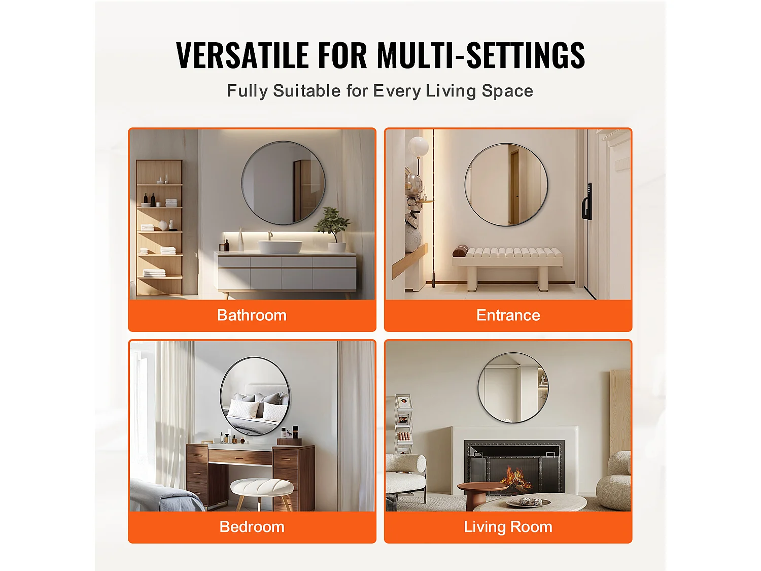 Miroir Mural SucceBuy 76,2 cm, Noir, Miroir Mural Rond avec Cadre en Alliage d'Aluminium