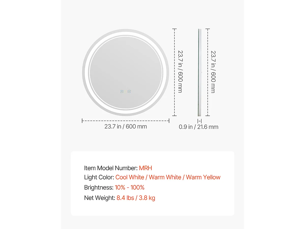 Miroir Mural SucceBuy 60 cm, Rond, Miroir Mural de Salle de Bain LED Antibuée Variable 3 Couleurs