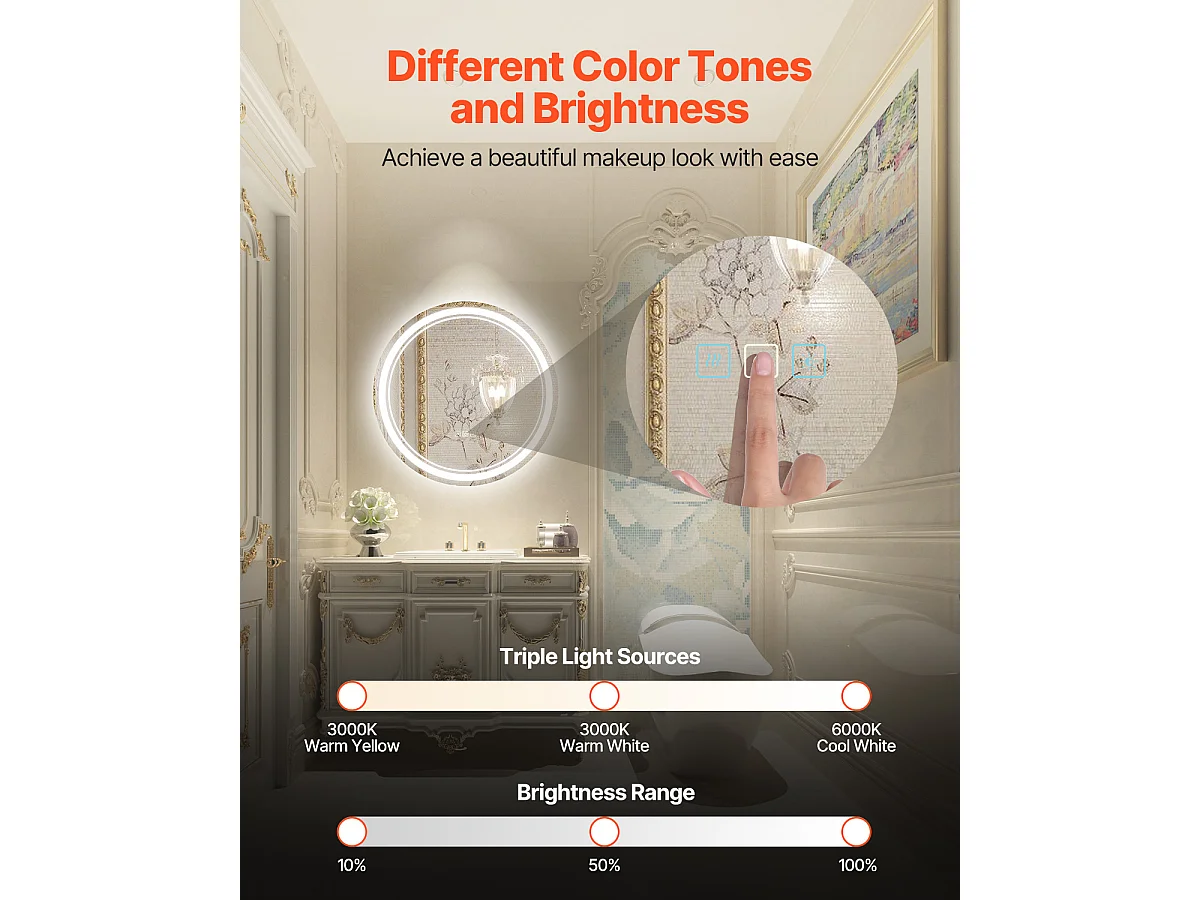 Miroir Mural SucceBuy 60 cm, Rond, Miroir Mural de Salle de Bain LED Antibuée Variable 3 Couleurs