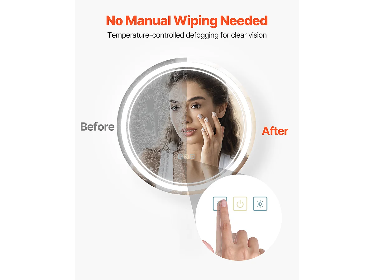 Miroir Mural SucceBuy 60 cm, Rond, Miroir Mural de Salle de Bain LED Antibuée Variable 3 Couleurs