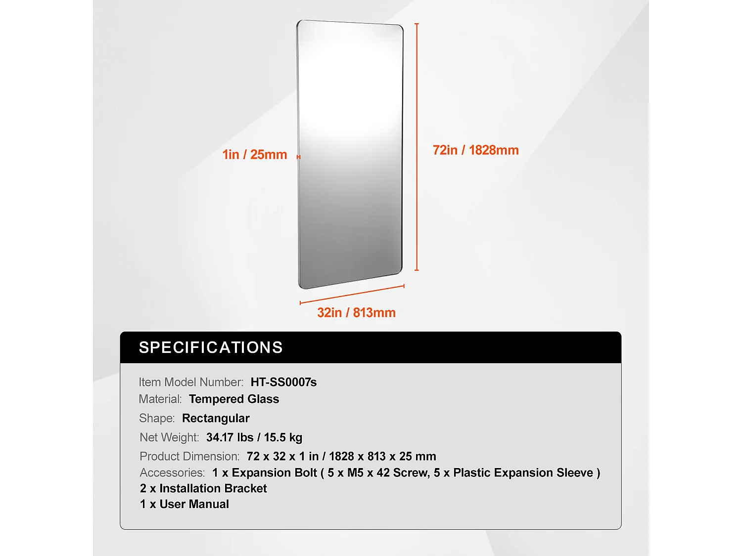 Espejo Mural SucceBuy 182,8x81,3 cm, Plata, Espejo Mural Cuadrado con Marco en Aleación de Aluminio