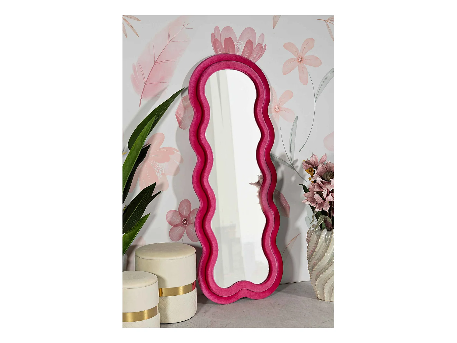 Miroir mural avec cadre en velours fuchsia cm 60x4x160