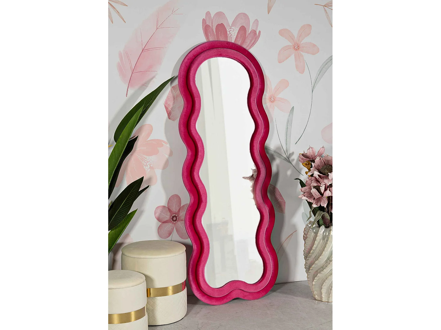 Miroir mural avec cadre en velours fuchsia cm 60x4x160