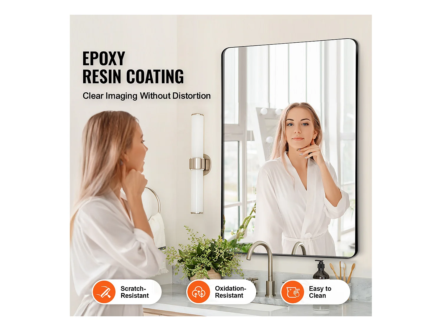 Miroir Mural SucceBuy, 55,8 X 76,1 cm, Noir, Avec Cadre en Alliage D'Aluminium, Film Antidéflagrant, Résistant aux Rayures pour la Maison