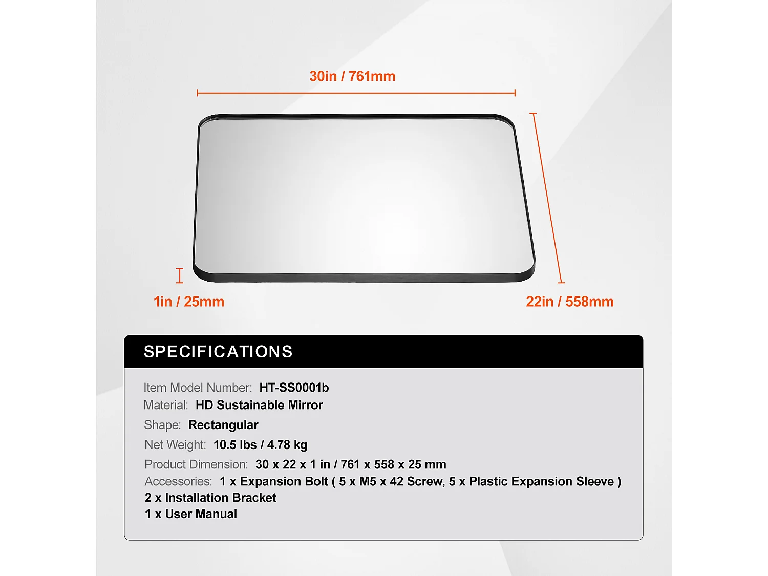 Espejo de Pared SucceBuy, 55,8 X 76,1 cm, Negro, Con Marco de Aleación de Aluminio, Película Antideslizante, Resistente a Rayones para la Casa