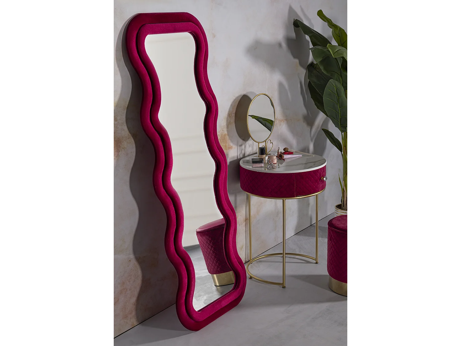 Miroir mural en velours fuchsia cm 60x6x160